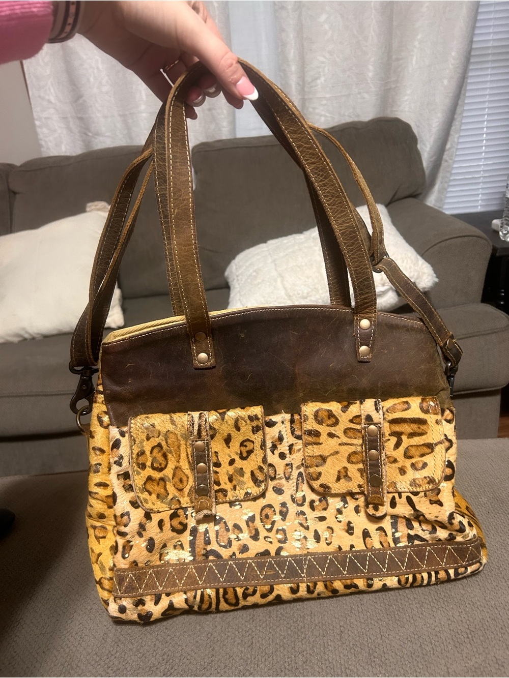 Myra Bag Leopard Print Shoulder Bag with Brown Leather Trim